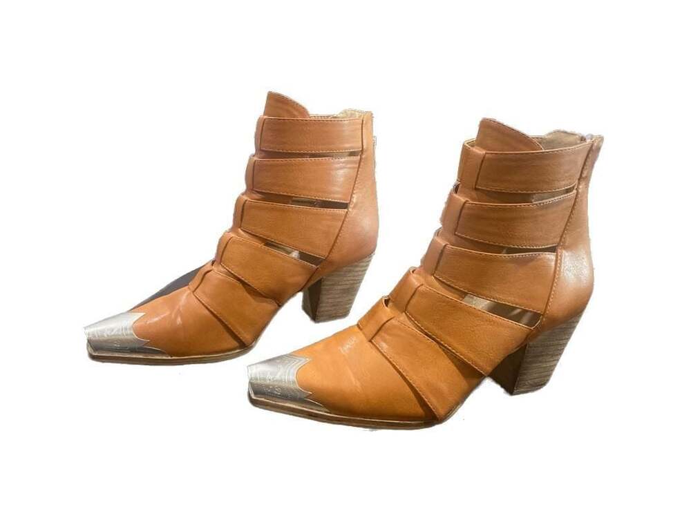 Beast Fashion Tan Strappy Cutout Ankle Boots with Metal Toe Cap Size 9